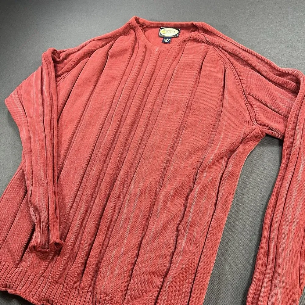 Tommy Bahama Mens L Red Ribbed Knit Sweater 100% Cotton Long Sleeve